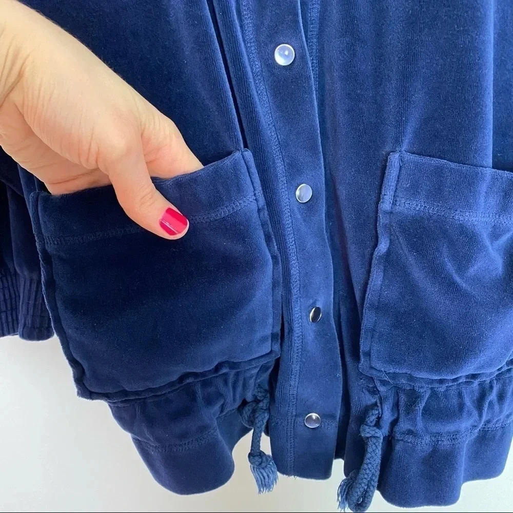 Vintage 90s Velour Grandma Cardigan Size Small Navy Blue Retro Velvet Shirt Top